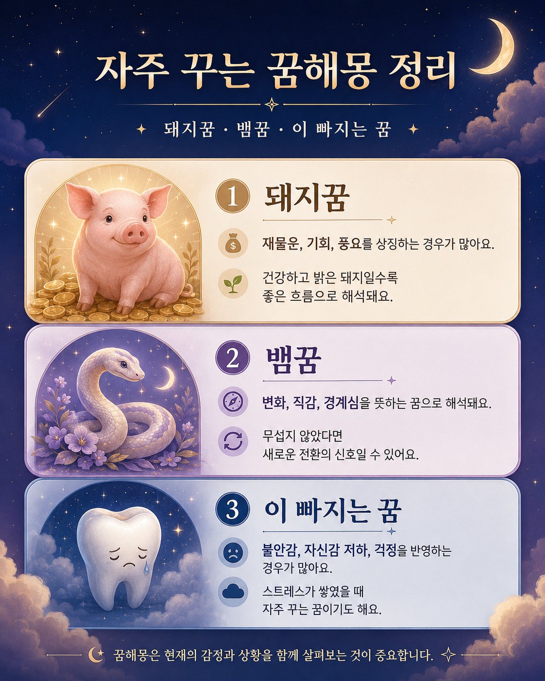 자주 꾸는 꿈해몽 돼지꿈 뱀꿈 이 빠지는 꿈 정리 인포그래픽