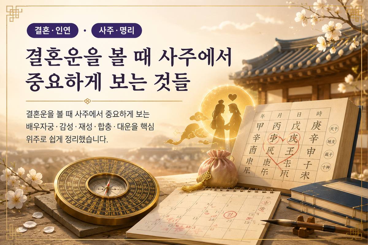 한옥과 나침반으로 표현한 결혼운 사주 대표 이미지