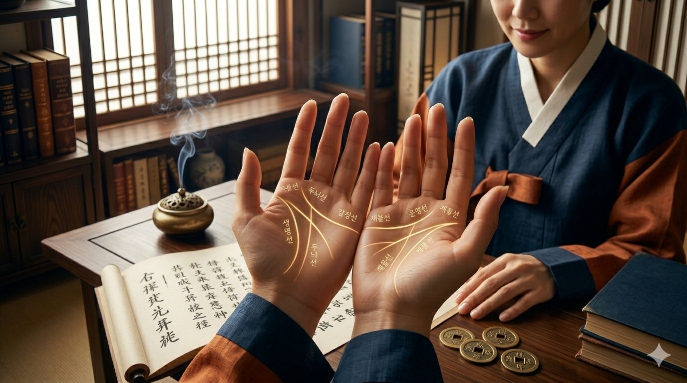 한옥 방안에서 양손을 펼쳐 생명선, 두뇌선, 감정선 등 손금을 진지하게 분석하며 운세를 보는 모습