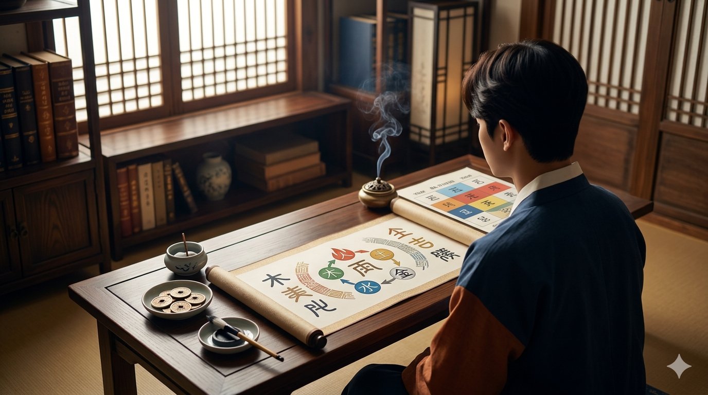 한옥 방안에서 한 남성이 오행(목, 화, 토, 금, 수)과 사주 배치도가 그려진 두루마리를 바라보며 사주명리학으로 직업운과 재물운을 분석하는 모습