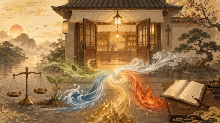 가게 문이 처음 열리며 오행을 상징하는 다섯 색 기운과 저울·새싹·장부가 놓인 사업운 이미지