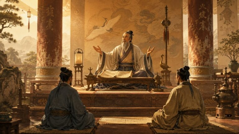 높은 자리에서 두 사람에게 가르침을 전하는 인물로 표현한 타로 교황 카드 이미지