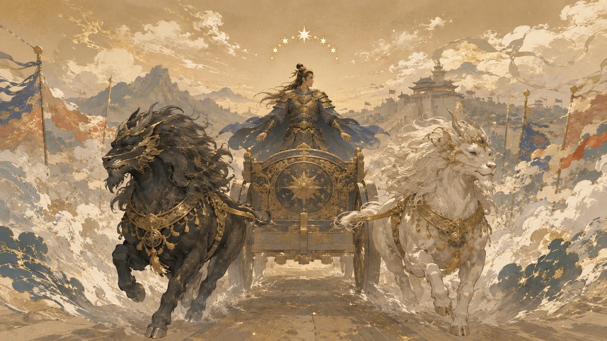 서로 다른 방향을 보던 두 마리 짐승이 끄는 전차를 의지로 몰고 나아가는 타로 전차 카드 이미지