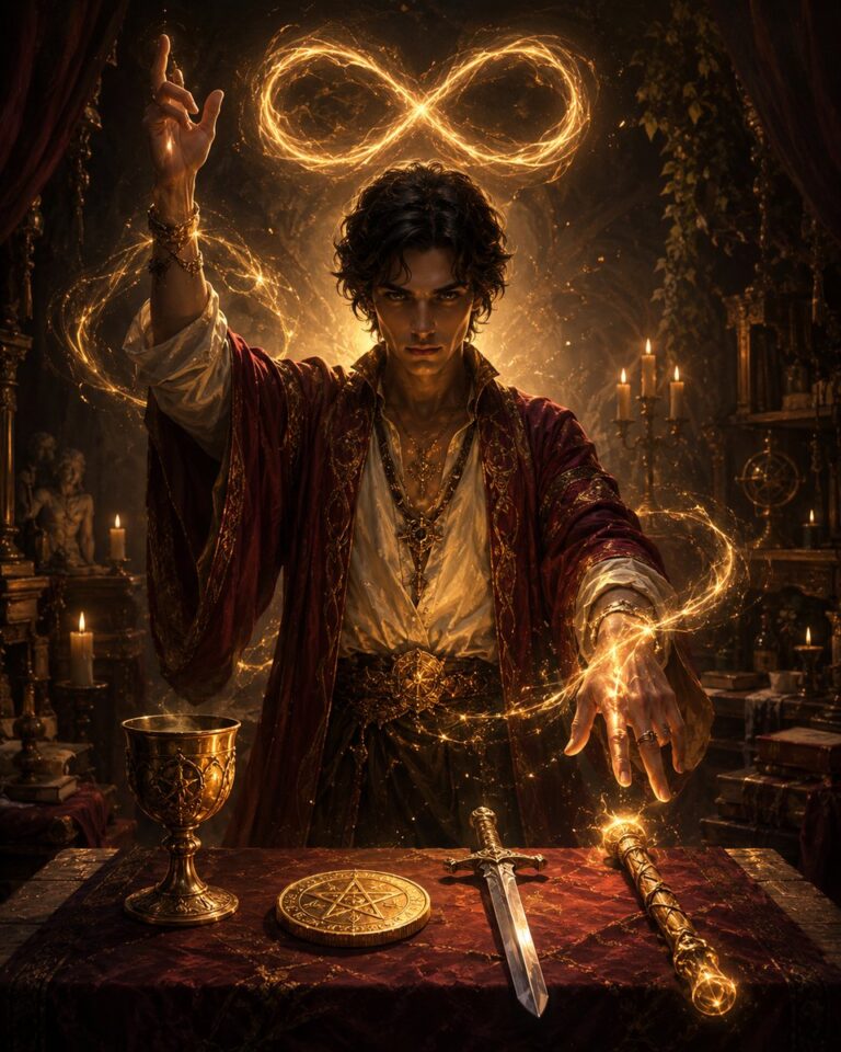 타로 마법사 카드(The Magician)의 실행력과 집중을 상징하는 이미지