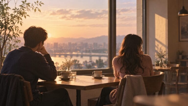 연애 권태기 이미지 — 카페에서 시선이 엇갈린 연인의 모습